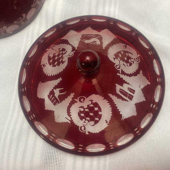 Vintage Bohemian  Red Glass Cut To Clear Candy Dish
W/lid - Picture 7 of 16